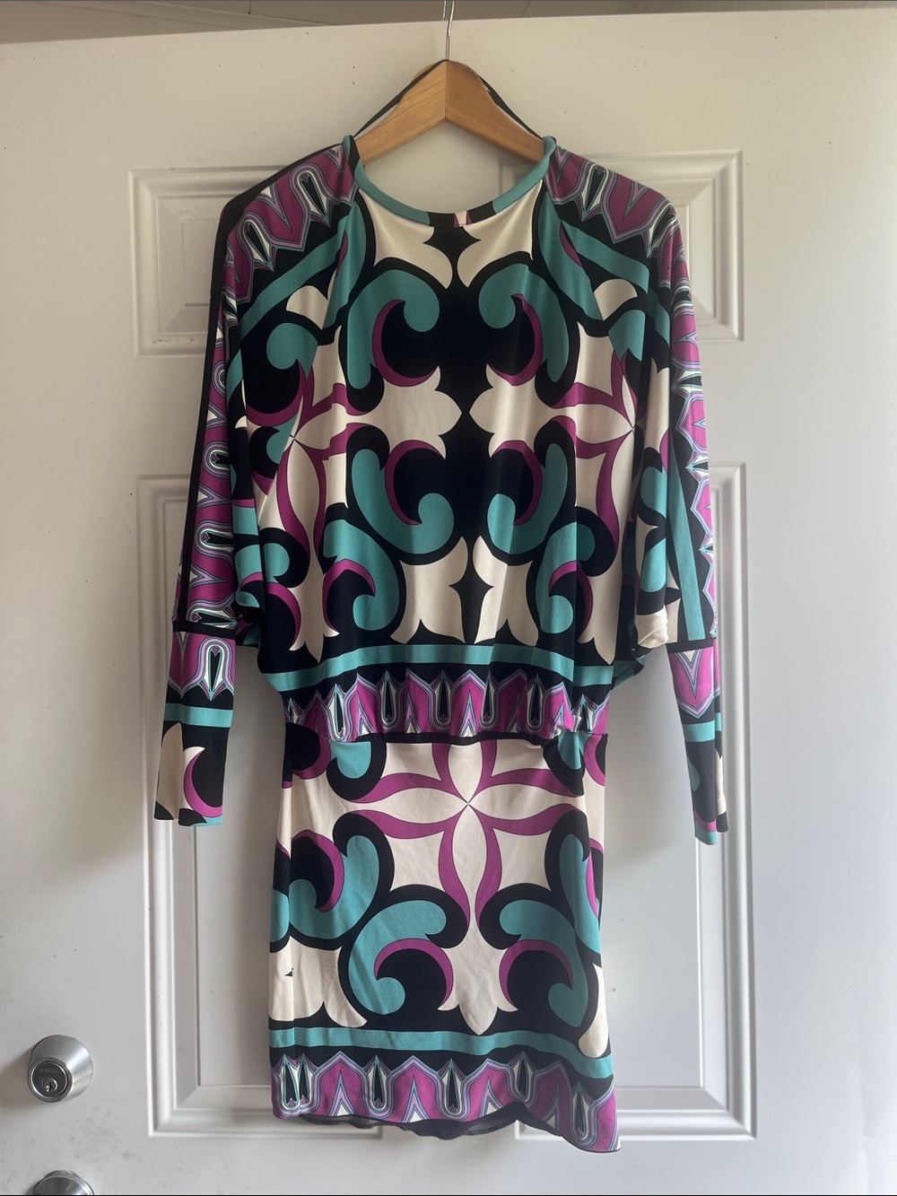 100% Silk Nicole Miller Teal, Purple & Cream Long Sleeve Dress